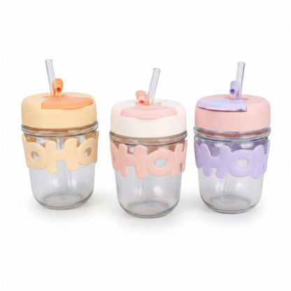 Glass Cup With Straw And Silicone Band 350ml