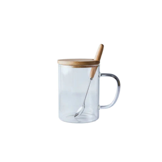 Glass Mug With Bamboo Lid And Stainless Steel Spoon