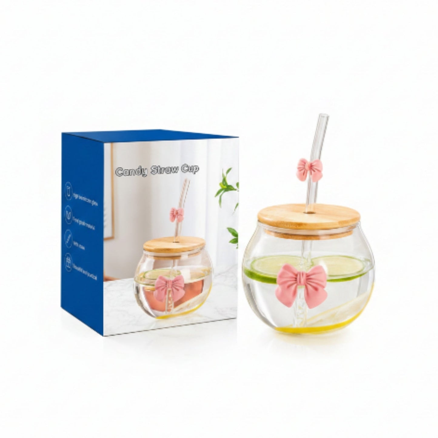 Glass Round Cup With Bow And Straw On White Background