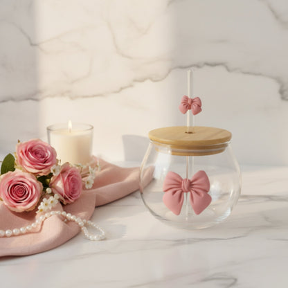 Glass Round Cup With Bow And Straw Lifestyle