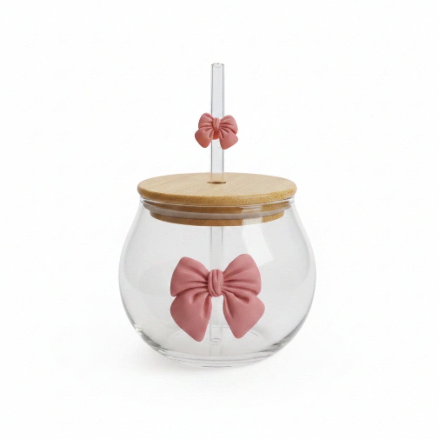 Glass Round Cup With Bow And Straw On White Background