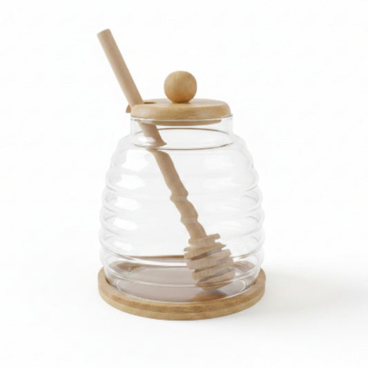 Honey Jar With Honey Stick And Saucer On White Background