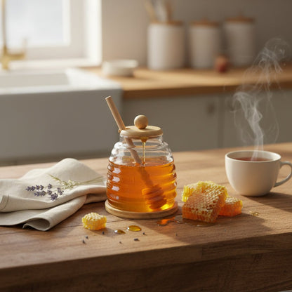 Honey Jar With Honey Stick And Saucer Lifestyle