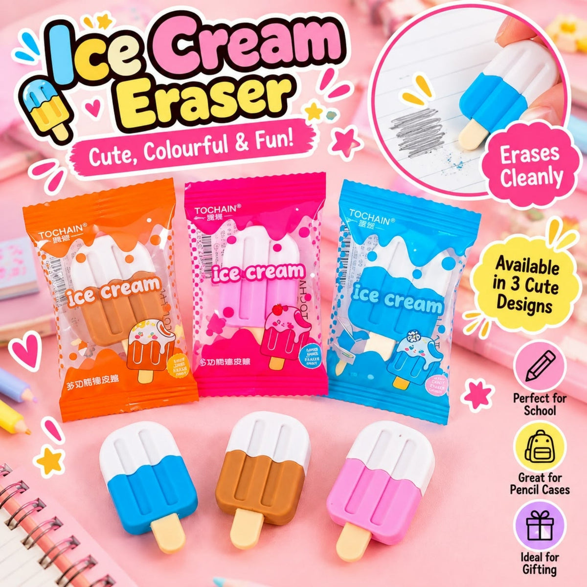 Ice Cream Eraser – Cute Novelty Stationery Eraser – Ice Cream Design
