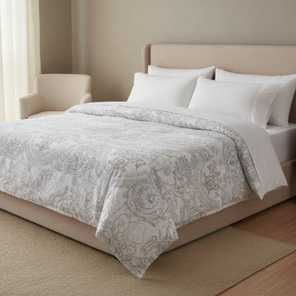 King Duvet Cover Set - 100% Cotton - Baroque Floral - Grey & Beige