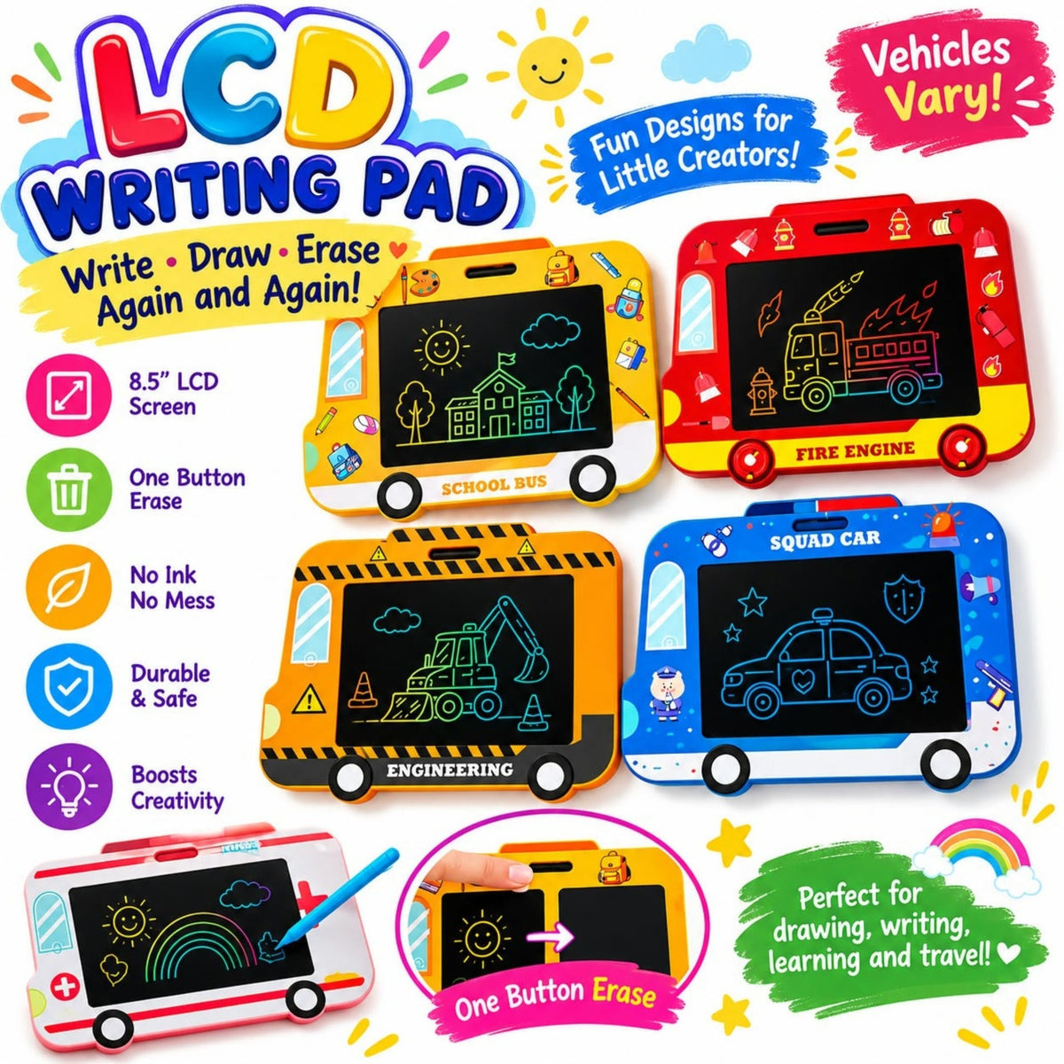 LCD Writing Board – Reusable Drawing & Doodle Tablet With Writing Pen – Assorted Vehicle Designs