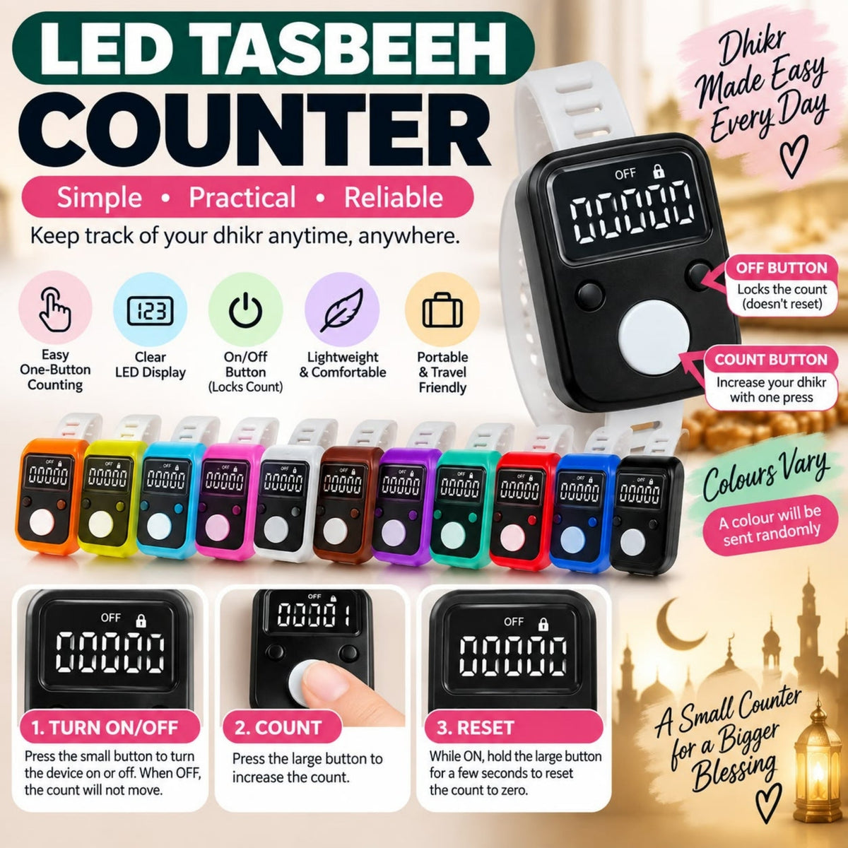 LED Tasbeeh Counter – Digital Finger Counter with LED Display & Count Lock Function