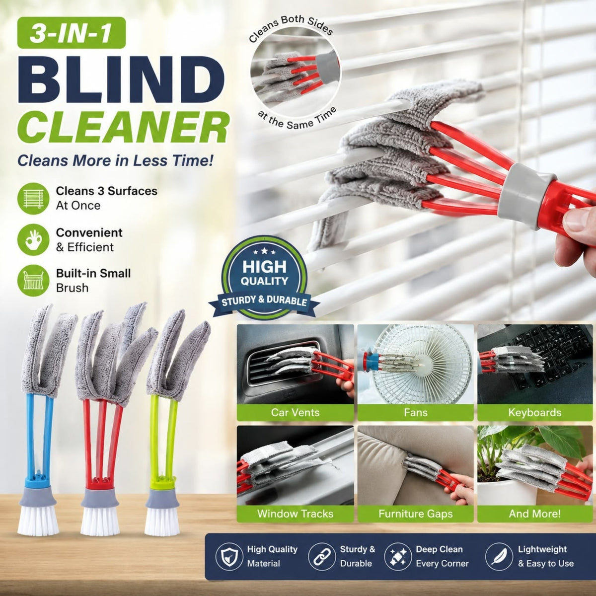 Liao Blind Cleaner – 3 Blade Dust Cleaning Tool with Reusable Microfibre Sleeves