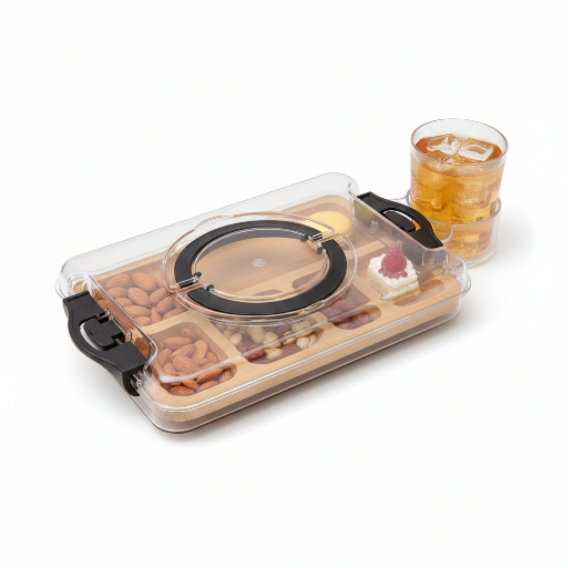 Medium 5 Compartment Clip Top Bamboo & Acrylic Snack Box With Black Handles