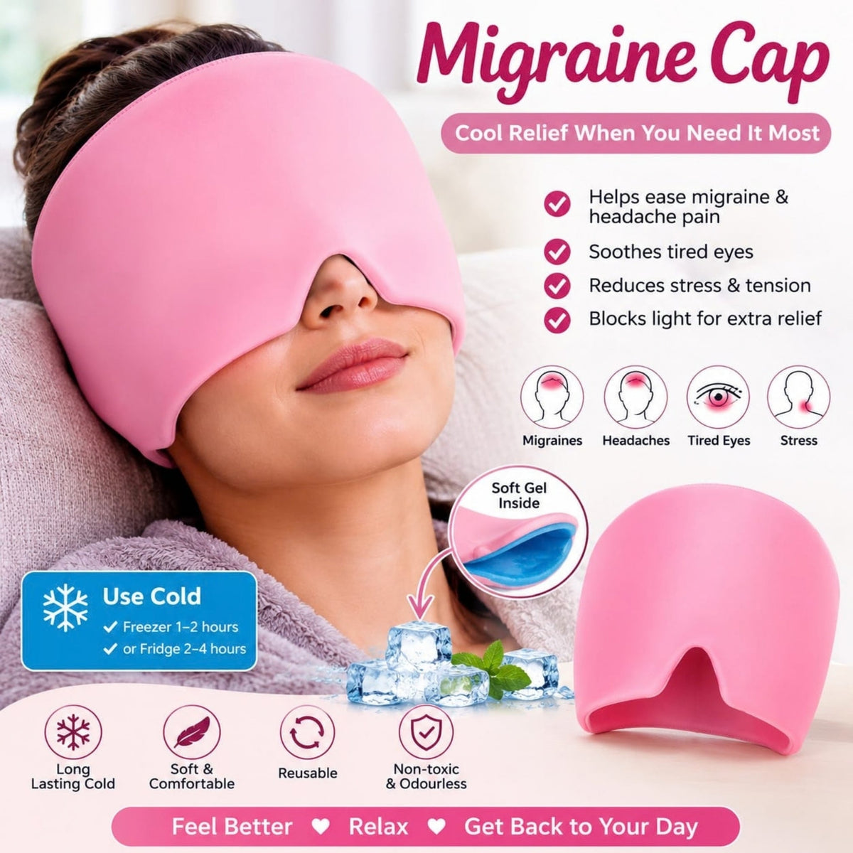 Migraine Relief Gel Cap – Reusable Cooling & Cold Therapy Head Wrap