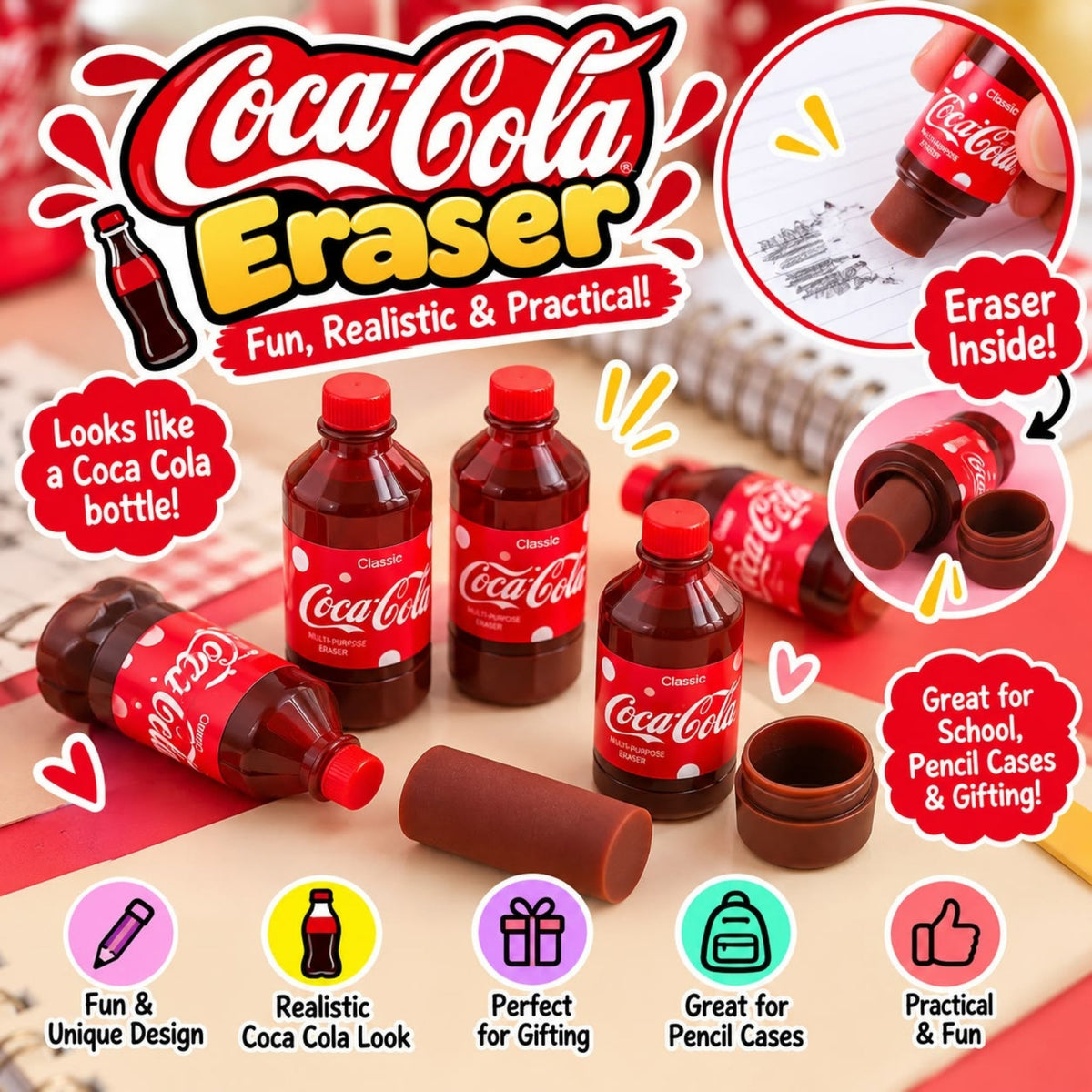 Mini Coke Eraser – Novelty Soda Can Stationery Eraser – Coca-Cola Design