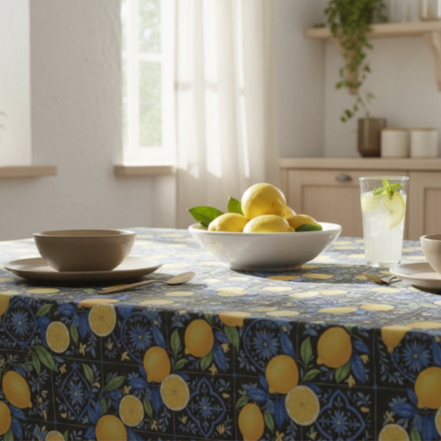 Mini Matt Table Cloth 2.5M Lemon Moroccan Black Blocks