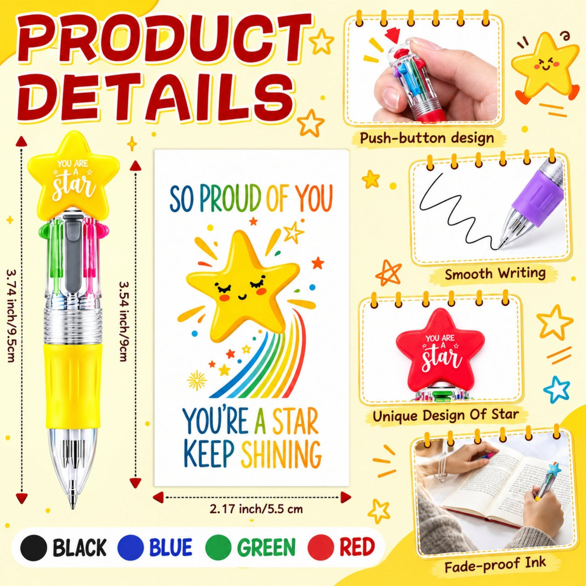 Multicolour Star Pen – Multi-Ink Writing Pen With Star Design – Includes Display Card