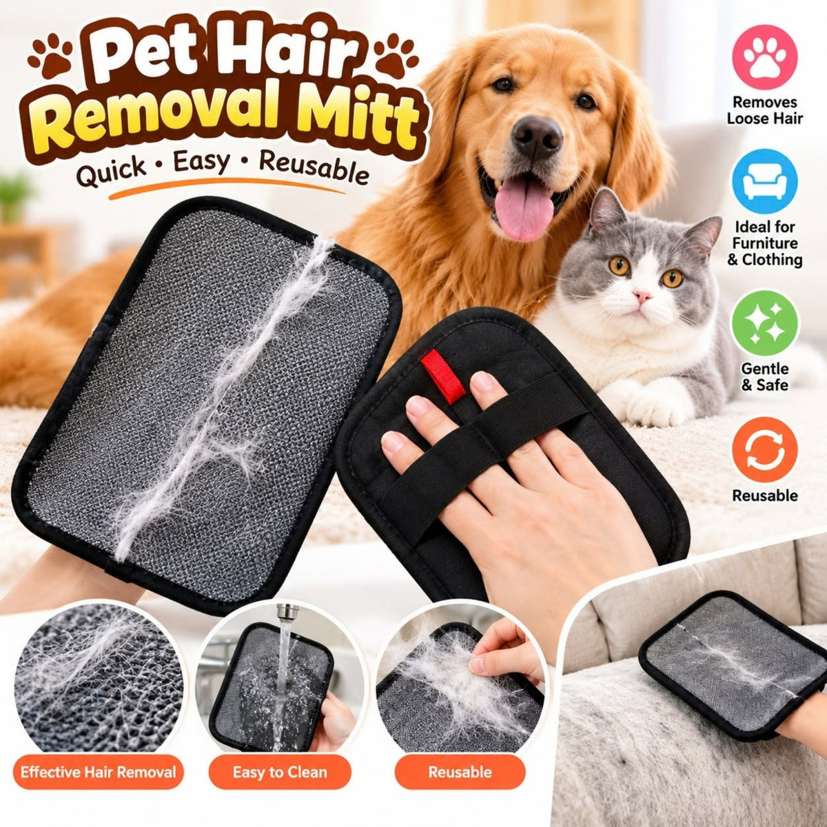 Pet Hair Removal Mitt – Reusable Grooming Glove for Loose Fur & Shedding