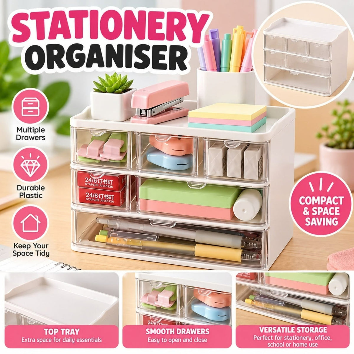 Plastic Stationery Organizer with Drawers – Multi-Compartment Desk Storage