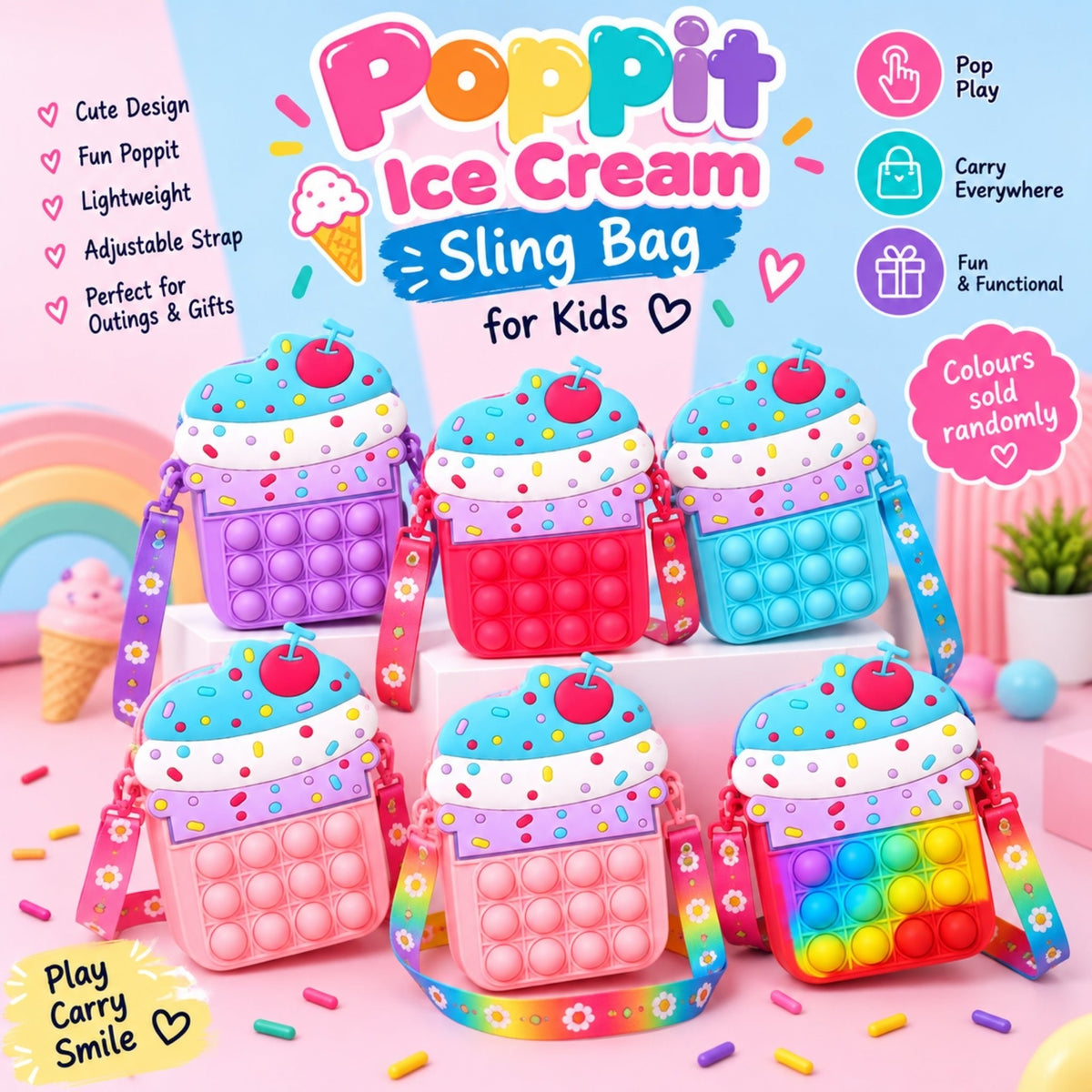 Poppit Ice Cream Sling Bag – Pop Bubble Crossbody Bag for Kids