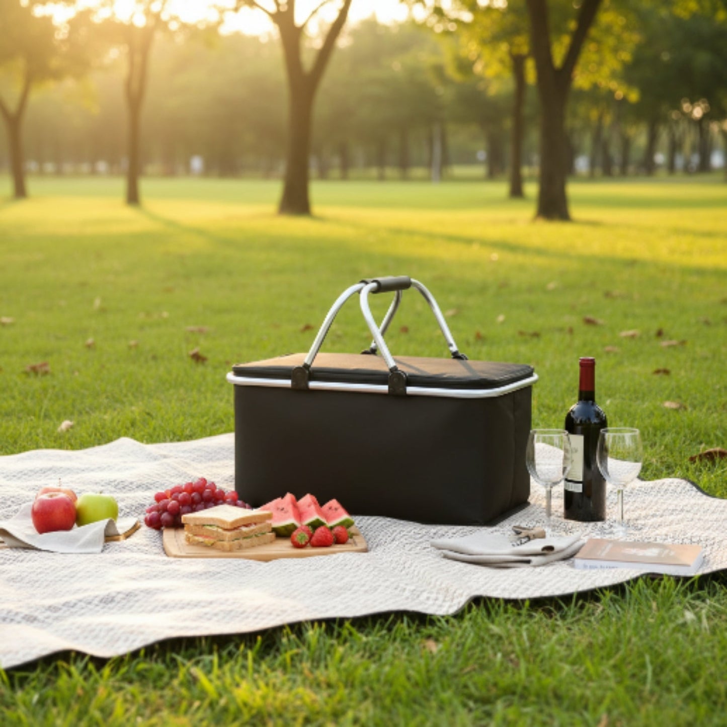 Portable Insulated Picnic Basket Black - Aluminum Frame Cooler Basket For Outdoor Dining