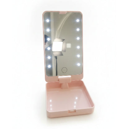 Portable Make Up Brush Set With Led Lights-Pink On White Background