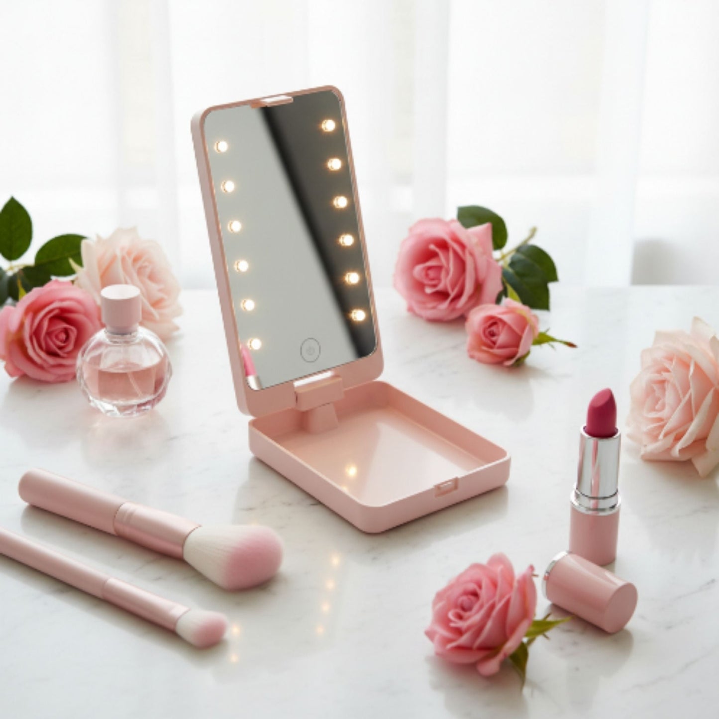 Portable Make Up Brush Set With Led Lights-Pink Lifestyle