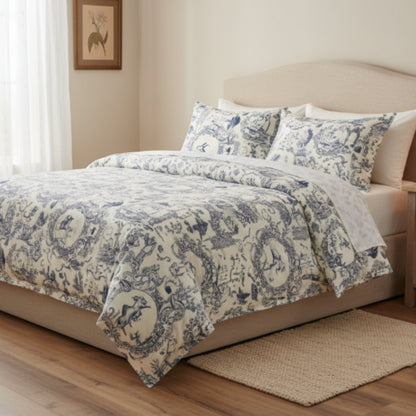 Queen Duvet Cover Set - 100% Cotton - Toile De Jouy