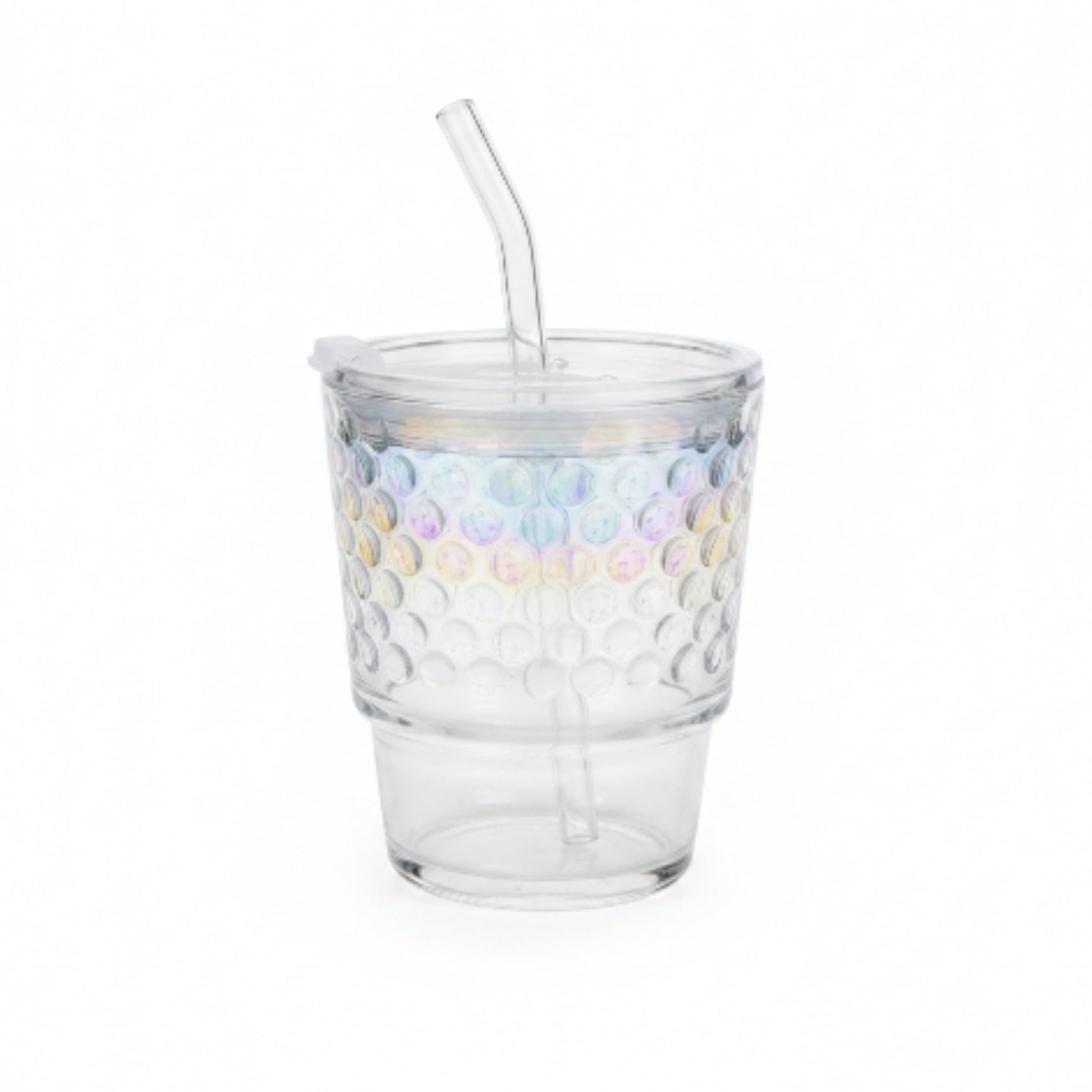 Rainbow Dotted Glass Cup with Lid & Straw 400ml | Reusable Iced Coffee Tumbler