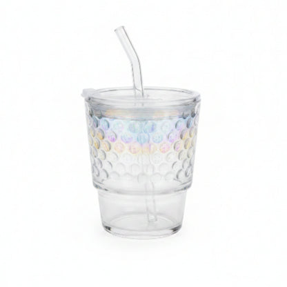 Rainbow Dotted Glass Cup with Lid & Straw 400ml | Reusable Iced Coffee Tumbler