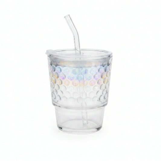 Rainbow Dotted Glass Cup with Lid & Straw 400ml | Reusable Iced Coffee Tumbler