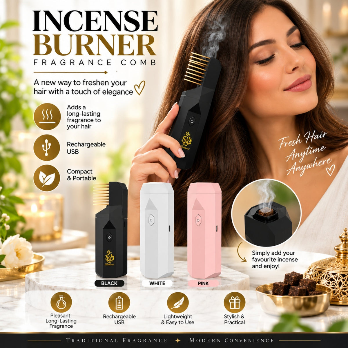 Rechargeable Incense Burner Fragrance Comb – USB Rechargeable Scent Diffuser Hair Comb – Portable Design