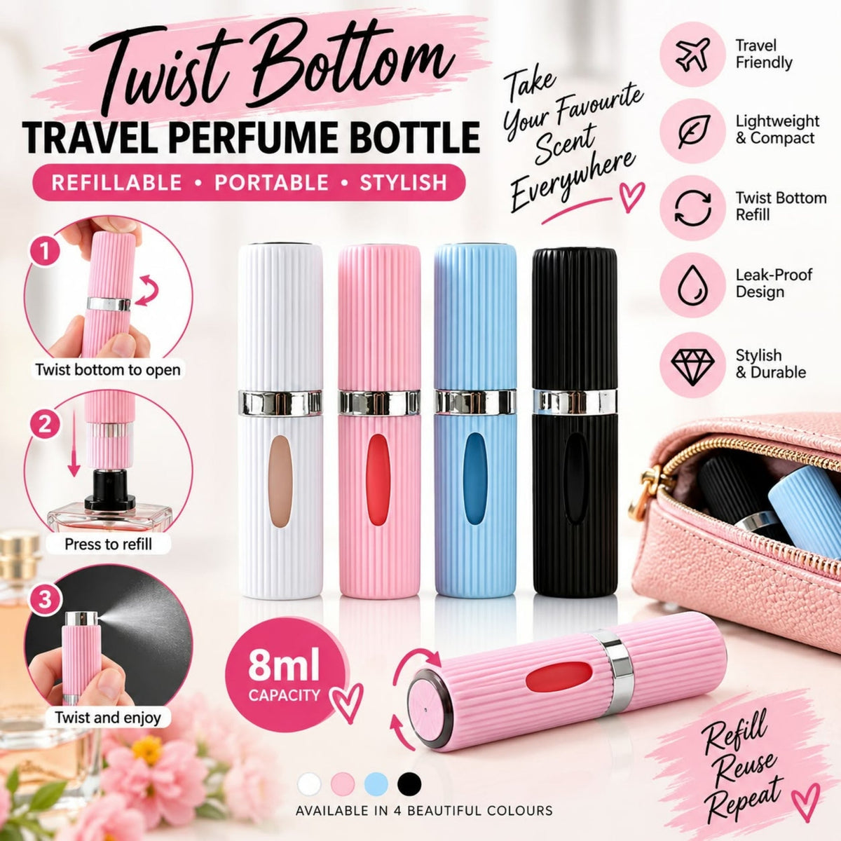 Refillable Twist Bottom Perfume Bottle – Portable Travel Atomizer with Easy Refill Design