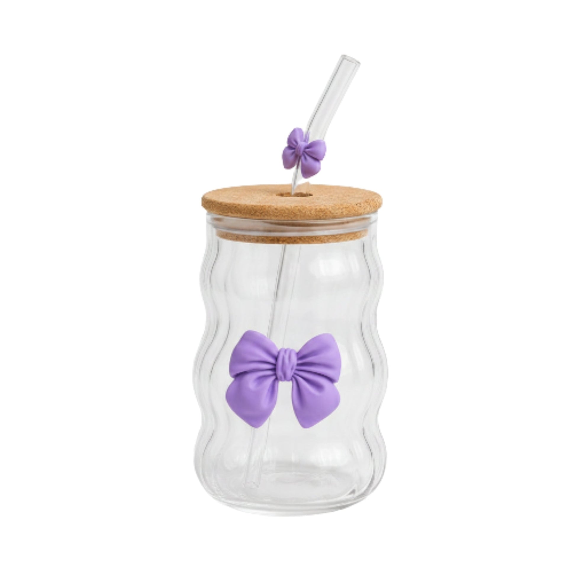 Ribbed Wavy Bamboo Lid Glass Can With Bow & Straw - Large 480ml Purple On White Background