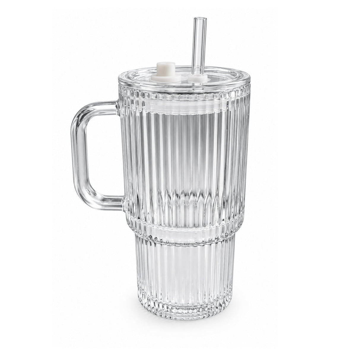 Ribbed Glass Tumbler – Drinking Glass with Handle & Reusable Straw – Textured Ribbed Design