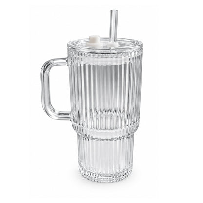 Ribbed Glass Tumbler – Drinking Glass with Handle & Reusable Straw – Textured Ribbed Design