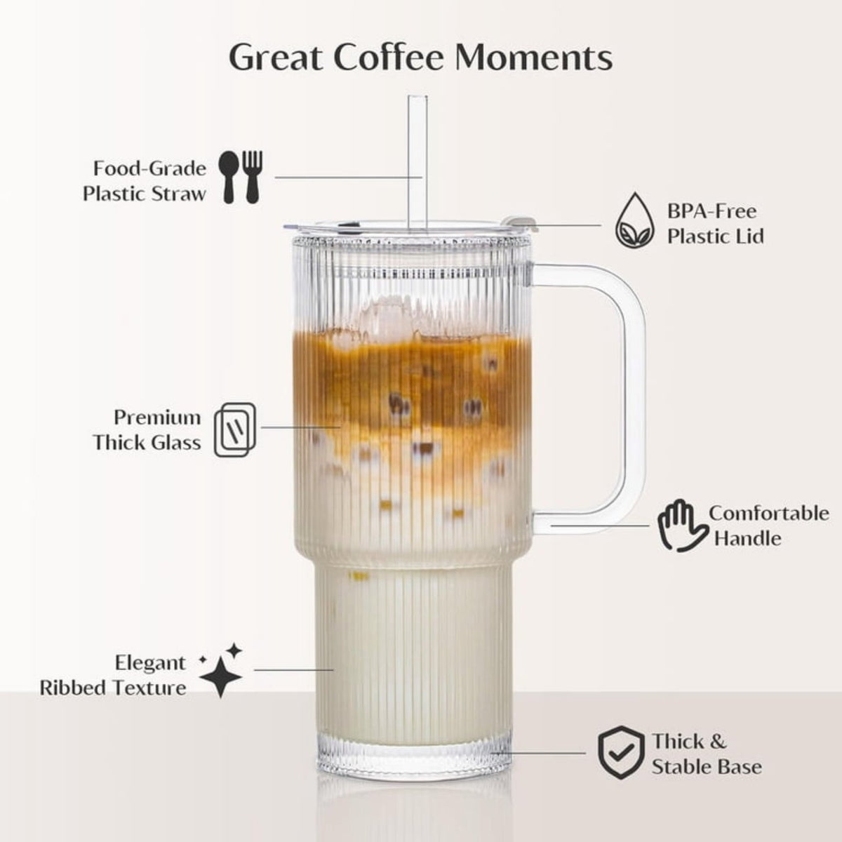 Ribbed Glass Tumbler – Drinking Glass with Handle & Reusable Straw – Textured Ribbed Design