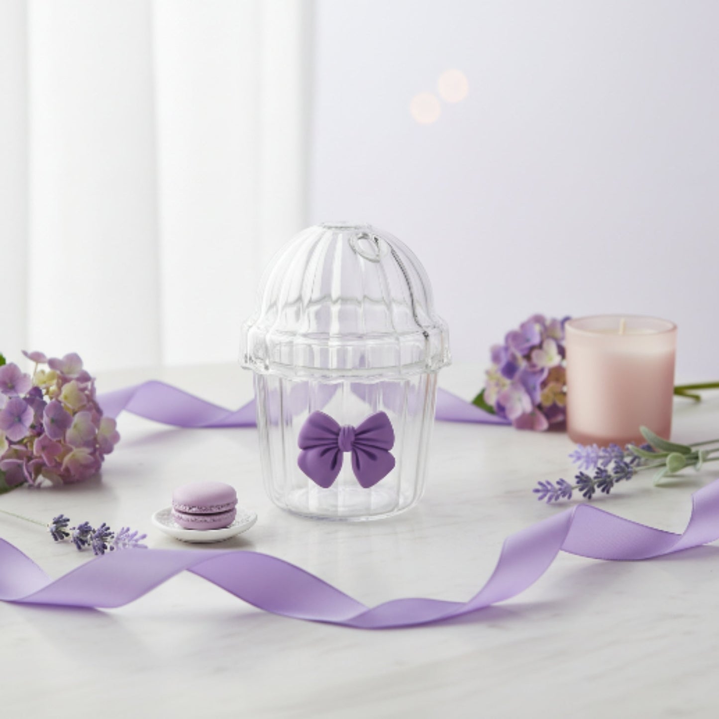 Ribbed Glass With Domed Lid And Straw- Purple Lifestyle