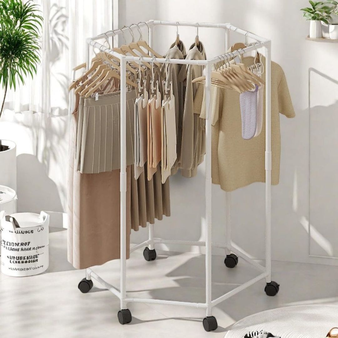 Double Layer Hexagon Clothes Rack With Wheels