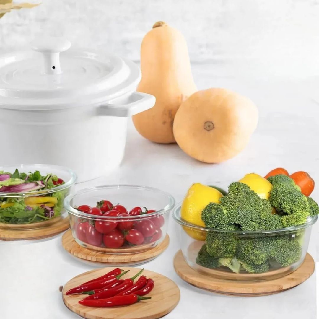 3pc Glass Round Storage With Bamboo Lid