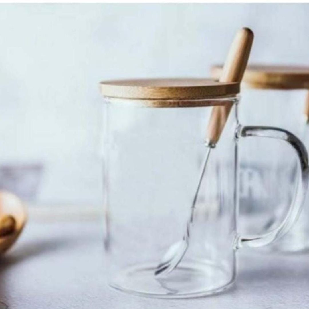 Glass Mug With Bamboo Lid And Stainless Steel Spoon