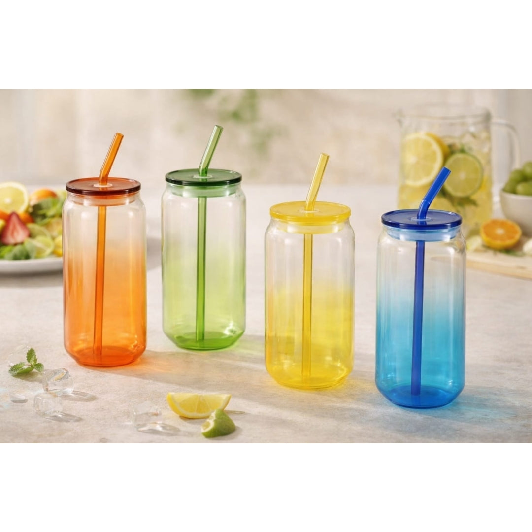 4pc Colourful Glass Can With Lid And Straw 500ml