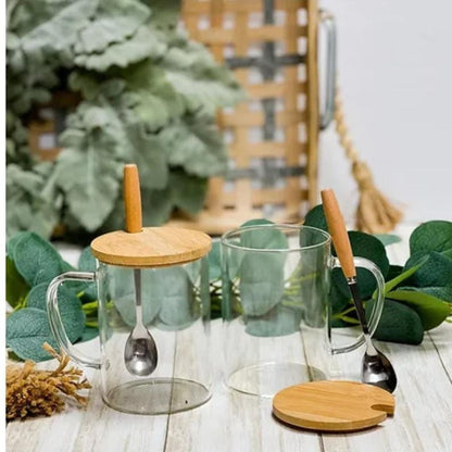 Glass Mug With Bamboo Lid And Stainless Steel Spoon