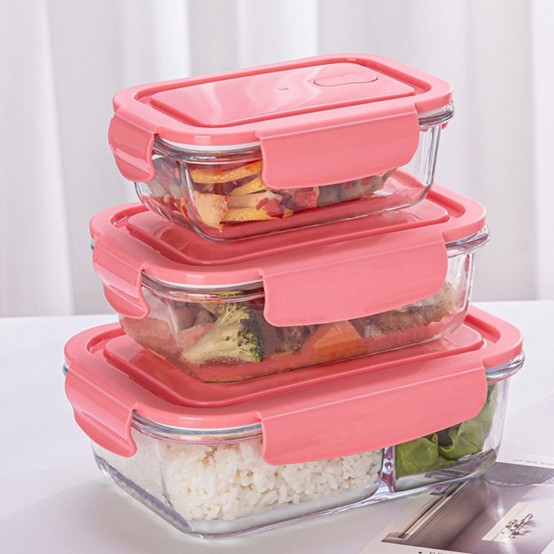 3pc Glass Food Storage With Colour Clip Lid