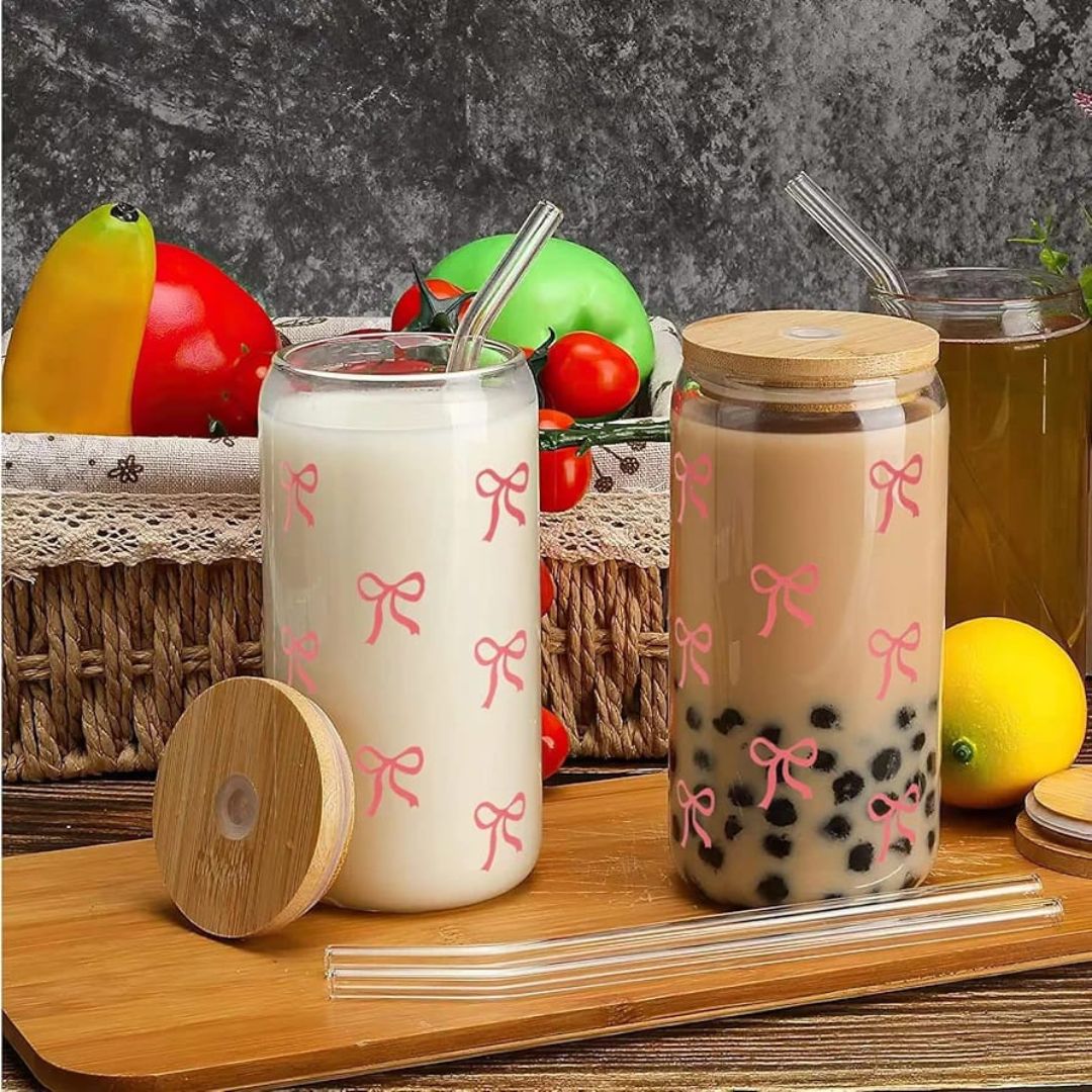 Danny Home 2pc Printed Bamboo Glass Can with Straws