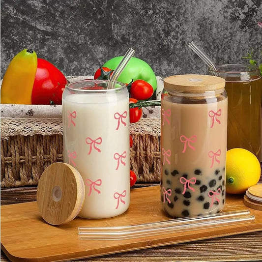 Danny Home 2pc Printed Bamboo Glass Can with Straws