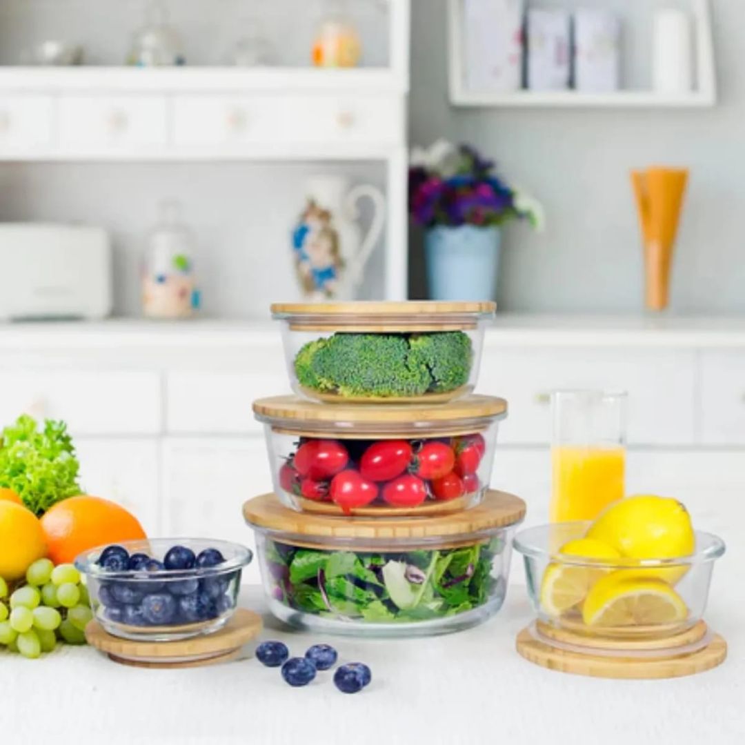 3pc Glass Round Storage With Bamboo Lid
