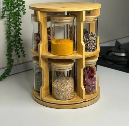 10pc Bamboo Rotating Organiser With Glass Jars