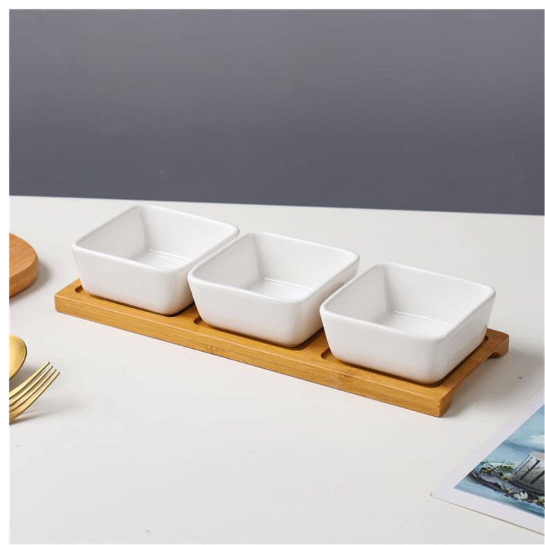 3pc Dipping Bowl On Bamboo Tray