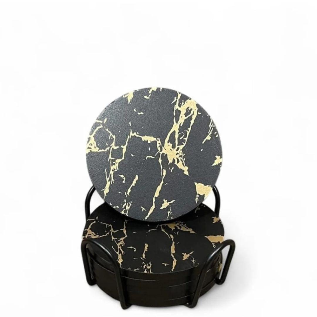 6pc Elegant Marble Wooden Coaster On Stand