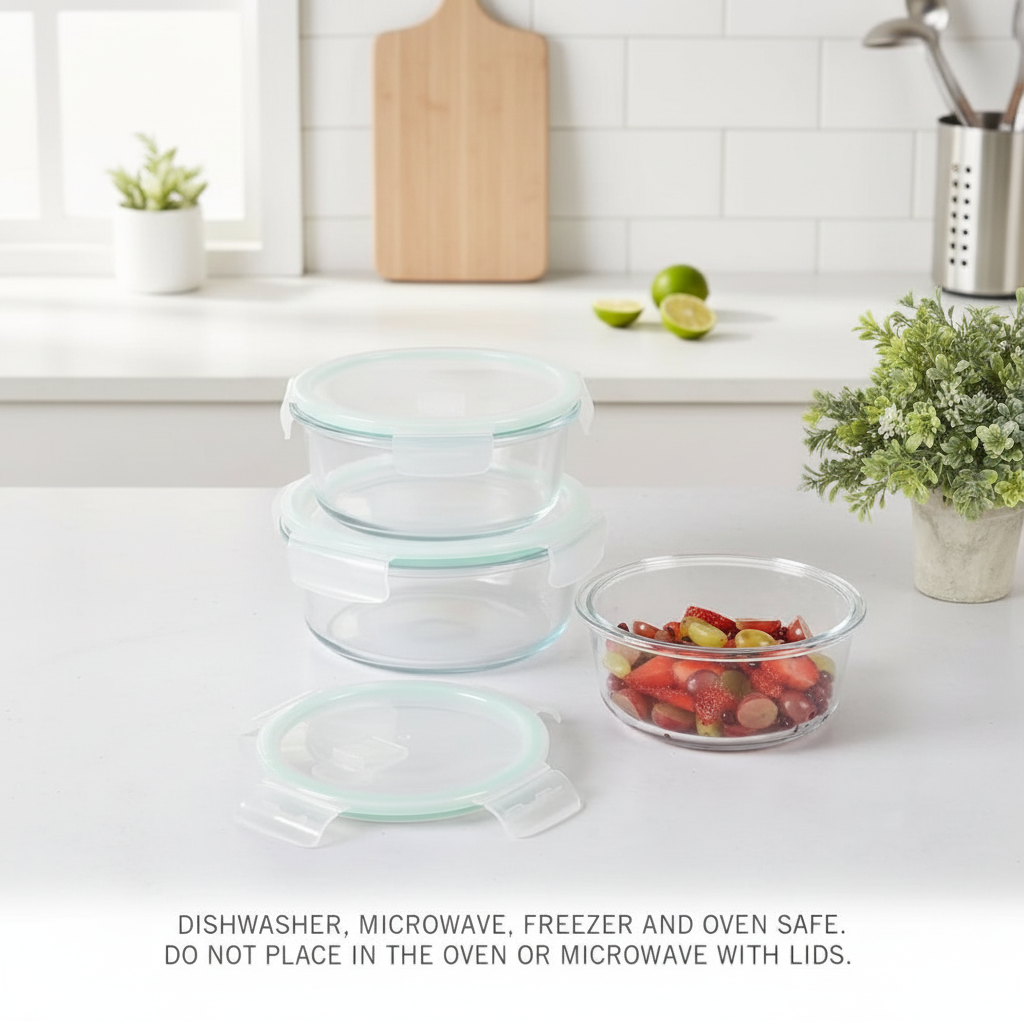 Round Glass 3pc Clip Lid Food Storage