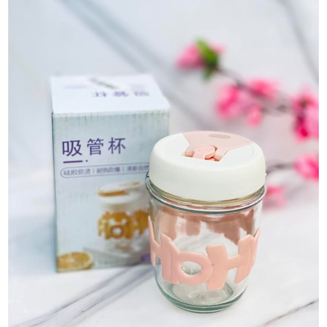 Glass Cup With Straw And Silicone Band 350ml