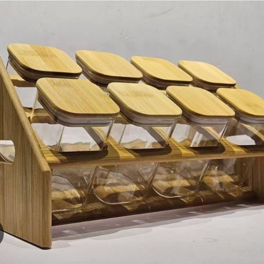 8pc Glass Square Jars On Bamboo Stand 6x10cm