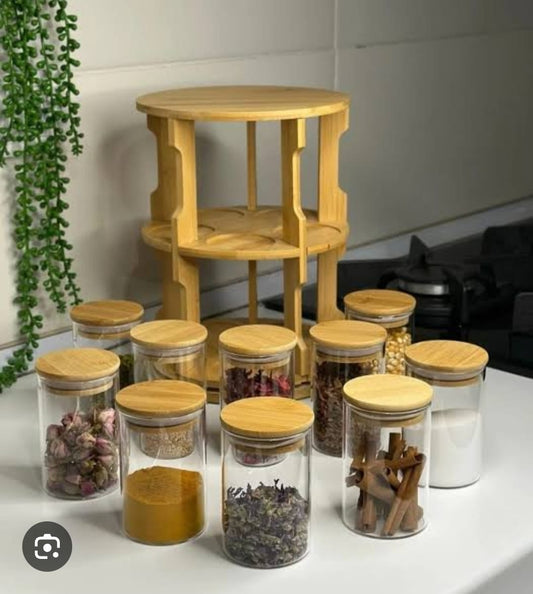 10pc Bamboo Rotating Organiser With Glass Jars
